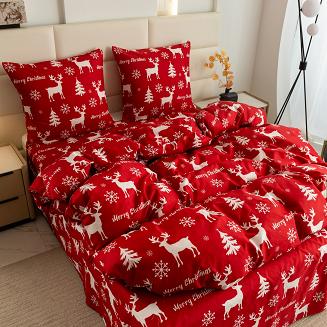 Pościel świąteczna 160x200 czerwona biała renifery choinki śnieżynki