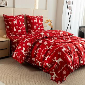 Pościel świąteczna 160x200 czerwona biała renifery choinki śnieżynki