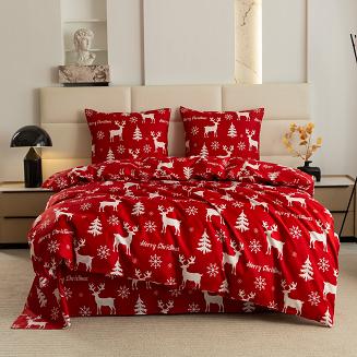 Pościel świąteczna 160x200 czerwona biała renifery choinki śnieżynki