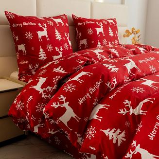 Pościel świąteczna 160x200 czerwona biała renifery choinki śnieżynki