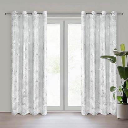 Zasłona gotowa na przelotkach ZARIA 140x250 Eurofirany welwetowa biała w srebrzyste liście