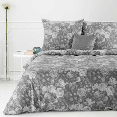 Pościel bawełniana Classic Deluxe SARA 140x200 Eurofirany szara stalowa kwiaty róże