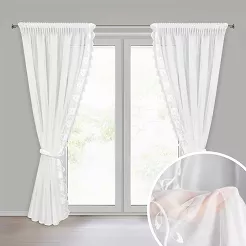 Komplet firan gotowych na taśmie LETI 140x270 Eurofirany biała z siatki zdobiona kwiatowym haftem