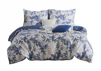 Pościel satyna bawełniana 160x200 biała niebieska beżowa w liście