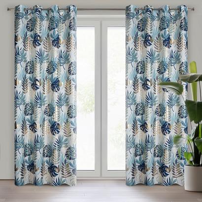 Zasłona gotowa na przelotkach MALTA 140x250 Eurofirany kremowa granatowa złocista liście