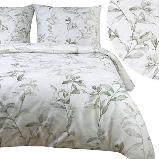 Pościel bawełniana COTTONLOVE 160x200 jasnozielona w zielone liście i kwiaty