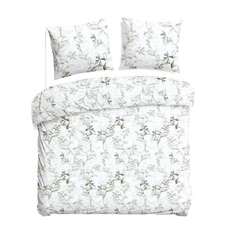 Pościel bawełniana COTTONLOVE 160x200 jasnozielona w zielone liście i kwiaty