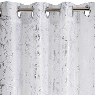 Firana gotowa na taśmie FEZA 140x300 Eurofirany biała / srebrna kwiatowy nadruk