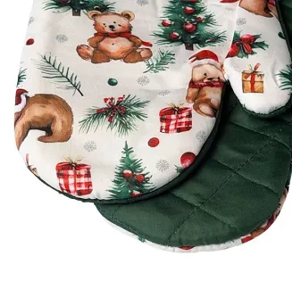 Rękawice kuchenne 18x27 z magnesem 2 szt. świąteczne białe zielone misie