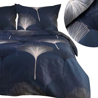 Pościel satyna bawełniana SATYNLOVE 220x200 ciemnoniebieska w liście miłorzębu