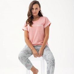 Piżama damska LUNA kod 342 koralowa z koronką zielone spodnie w kwiaty