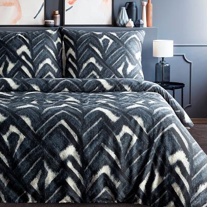 Pościel satynowa SPRING 140x200 Eurofirany ciemnogranatowa szarobeżowa zygzak