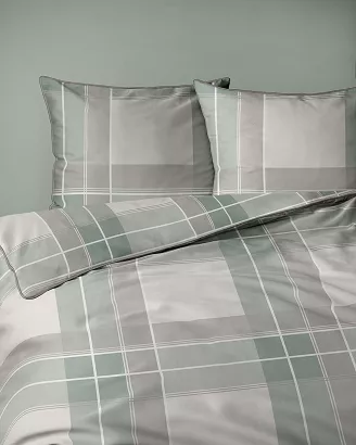 Pościel z perkalu Lamé Percale 160x200 beżowa zielona krata ozdobna lamówka biza