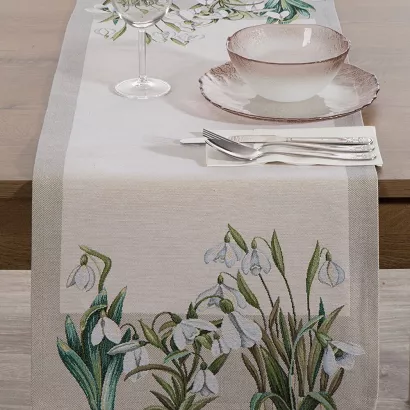 Bieżnik dekoracyjny gobelin 40x100 Eurofirany naturalny zielony wiosenne kwiaty przebiśniegi