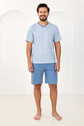 Piżama męska REGINA kod 509 niebieska w kratkę granatowe spodnie