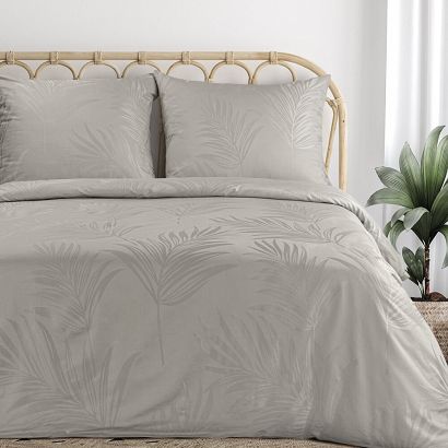 Pościel satynowa NATALIE 220x200 Eurofirany szarobeżowa żakardowa w liście