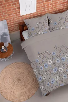 Pościel flanelowa 220x200 beżowa w niebieskie kremowe kwiaty lnu