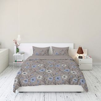 Pościel flanelowa 220x200 beżowa w niebieskie kremowe kwiaty lnu