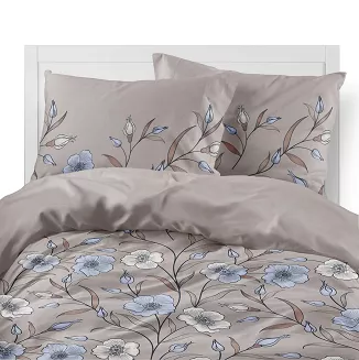 Pościel flanelowa 220x200 beżowa w niebieskie kremowe kwiaty lnu