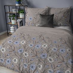 Pościel flanelowa 220x200 beżowa w niebieskie kremowe kwiaty lnu