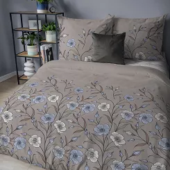 Pościel flanelowa 220x200 beżowa w niebieskie kremowe kwiaty lnu