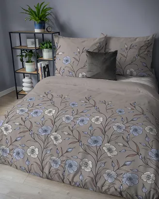 Pościel flanelowa 220x200 kakaowa w niebieskie kremowe kwiaty lnu