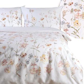 Pościel satyna bawełniana SATYNLOVE 220x200 beżowe kremowe kwiaty na białym tle