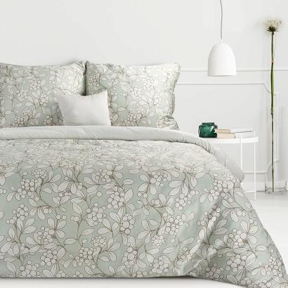 Pościel satynowa DEMI 220x200 Eurofirany miętowa jasnoszara subtelny roślinny nadruk