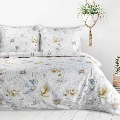Pościel bawełniana LEA 220x200 Design91 biała niebieska musztardowa duże kwiaty