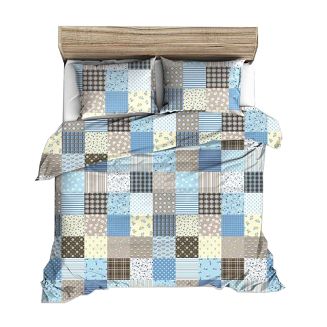 Pościel flanelowa 160x200 niebieska patchwork kwiaty krata pasy