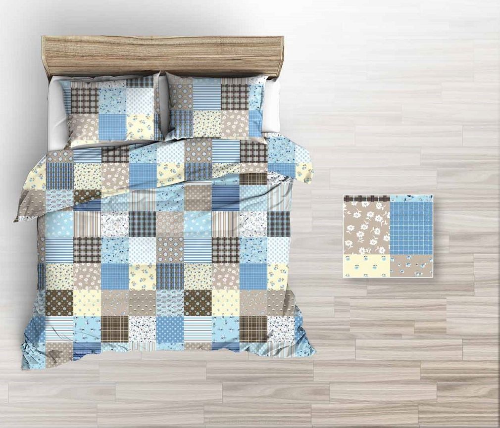 Pościel flanelowa 160x200 niebieska patchwork kwiaty krata pasy