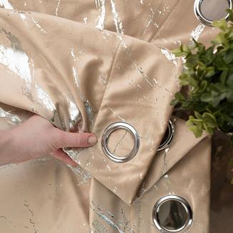 Zasłona gotowa na przelotkach MARMA 140x250 ciemnobeżowa ze srebrnym nadrukiem