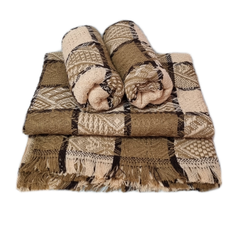 Komplet dekoracyjny narzuta 160x205 + 2x 60x160 ROMBY-KRATKA camel brąz wanilia
