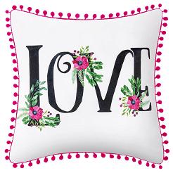 Poszewka dekoracyjna LOVE 45x45 biała różowa napis z pomponami