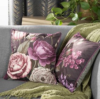 Poszewka dekoracyjna PO 45x45 Eurofirany fioletowa zielona w stylizowane kwiaty