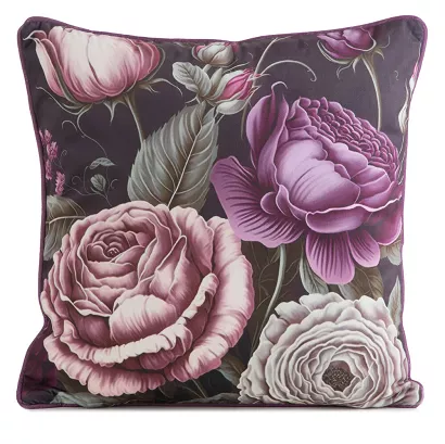 Poszewka dekoracyjna VELVET 45x45 Eurofirany fioletowa zielona w stylizowane kwiaty