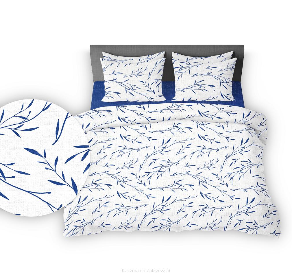Pościel z kory 160x200 biała granatowa herbaciane listki