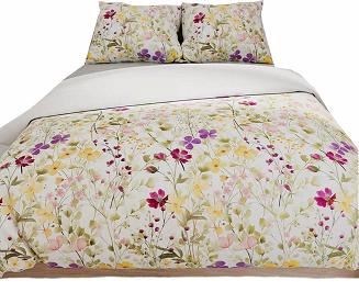 Komplet pościeli FLORINA z bawełny satynowej 160x200 biała żółta amarantowa kwietna łąka