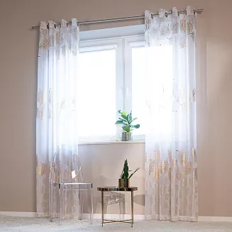 Firana gotowa na przelotkach MARIETTA 140x250 biała ze złotym zdobieniem