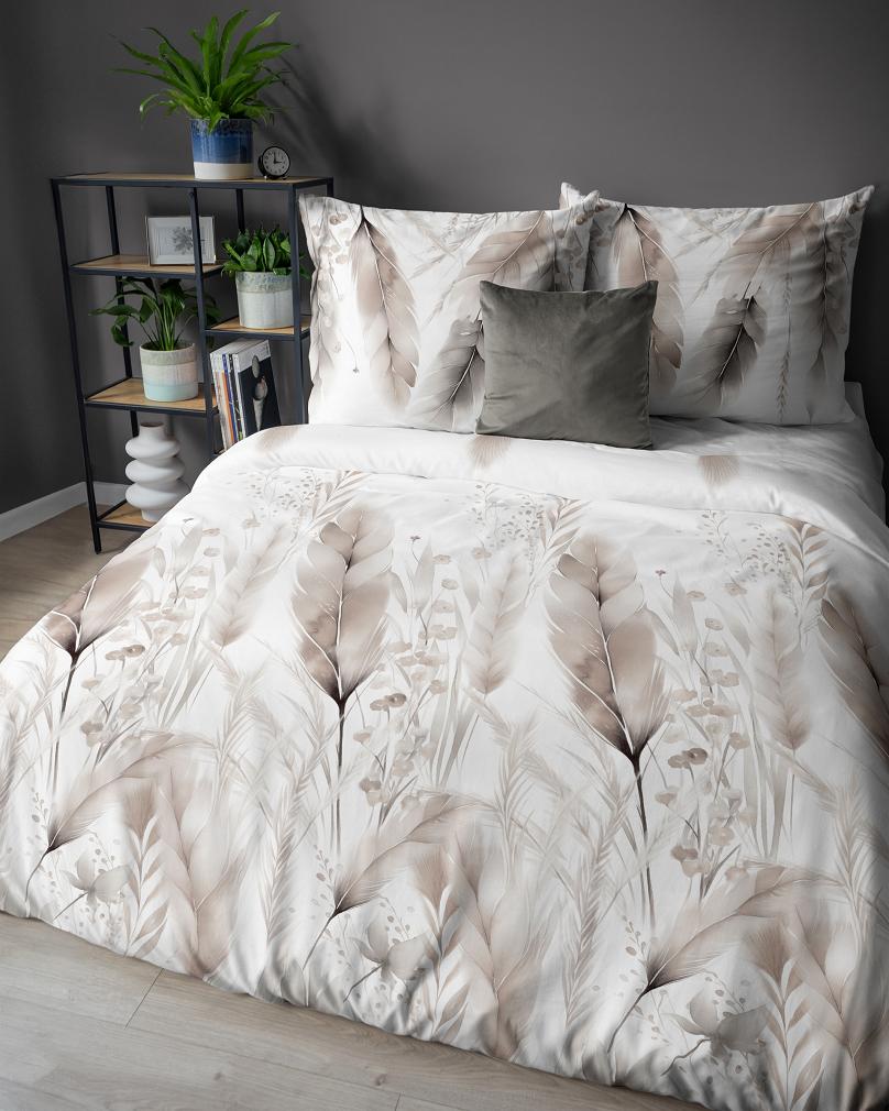 Pościel satynowa 160x200 Detexpol biała beżowe kłosy zbóż