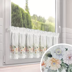 Zazdrostka gotowa na tunelu FLOWERY 150x30 Eurofirany biała fioletowa kwiaty koronka