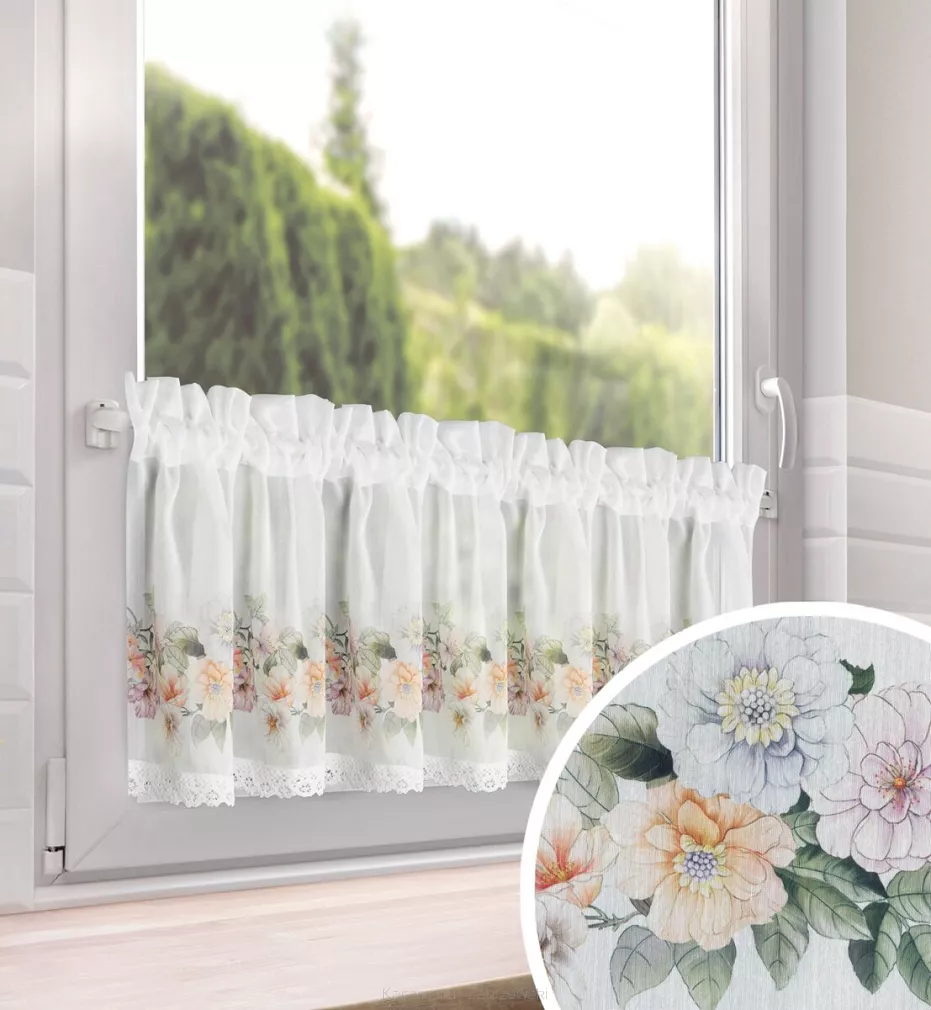 Zazdrostka gotowa na tunelu FLOWERY 150x30 Eurofirany biała fioletowa kwiaty koronka