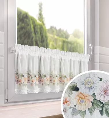 Zazdrostka gotowa na tunelu FLOWERY 150x30 Eurofirany biała fioletowa kwiaty koronka