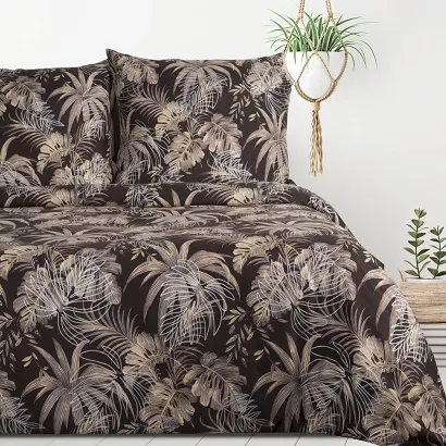 Pościel RODOS 160x200 Design91 ciemnobrązowa beżowa wzór roślinny liście