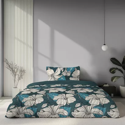 Pościel satynowa Home Satin 140x200 turkusowa w kremowe kwiaty