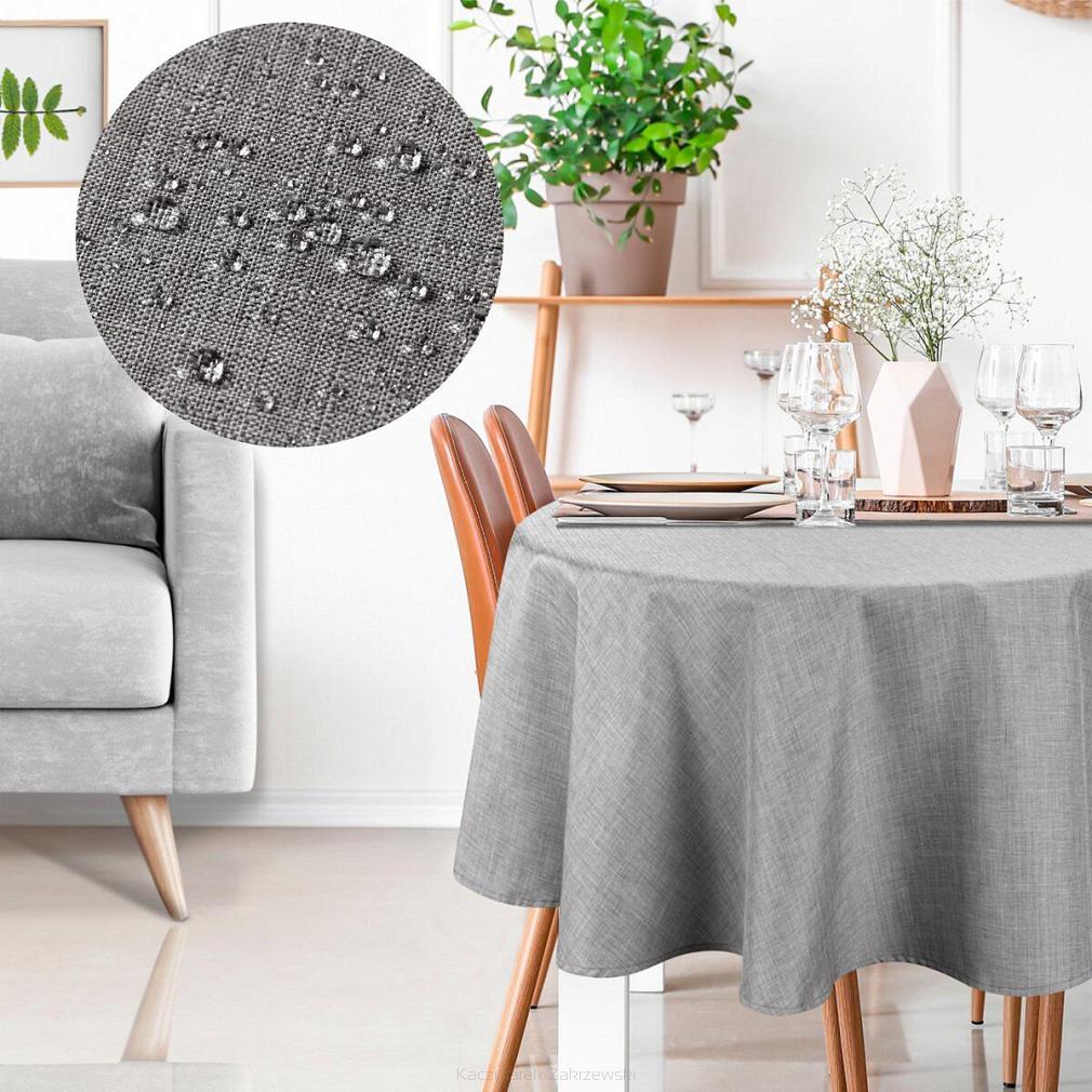 Obrus dekoracyjny wodoodporny KATE 150 Eurofirany srebrny okrągły strukturalna faktura