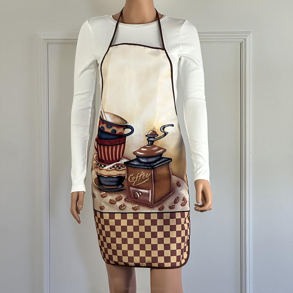 Fartuch kuchenny beżowy brązowy młynek do kawy