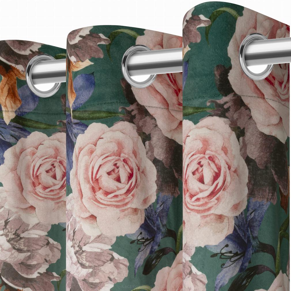 Zasłona gotowa na przelotkach Rose Dark 140x250 welurowa zielona róże