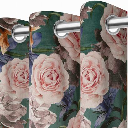 Zasłona gotowa na przelotkach Rose Dark 140x250 welurowa zielona róże