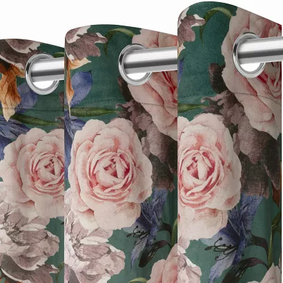 Zasłona gotowa na przelotkach Rose Dark 140x250 welurowa zielona róże